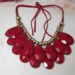 Handmade Dark Red Teardrop Bubble Bib Necklace,..