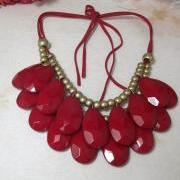 handmade dark red teardrop bubble bib necklace, bubble necklace, bubble jewelry,bib statement jewelry,links jewelry necklace