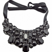 black Statement Rhinestone Crystal Black Ribbon Chain Bib Collar Necklace