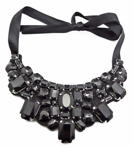 Black Statement Rhinestone Crystal Black Ribbon Chain Bib Collar Necklace