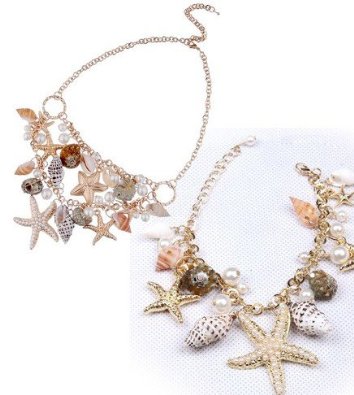Chunky Sea Shell Starfish Faux Pearl Gold Statement Necklace / Bracelet Jewelry Set